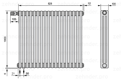 Схема (чертеж) Радиатор Zehnder Charleston 3180/18 №V001 Technoline TL